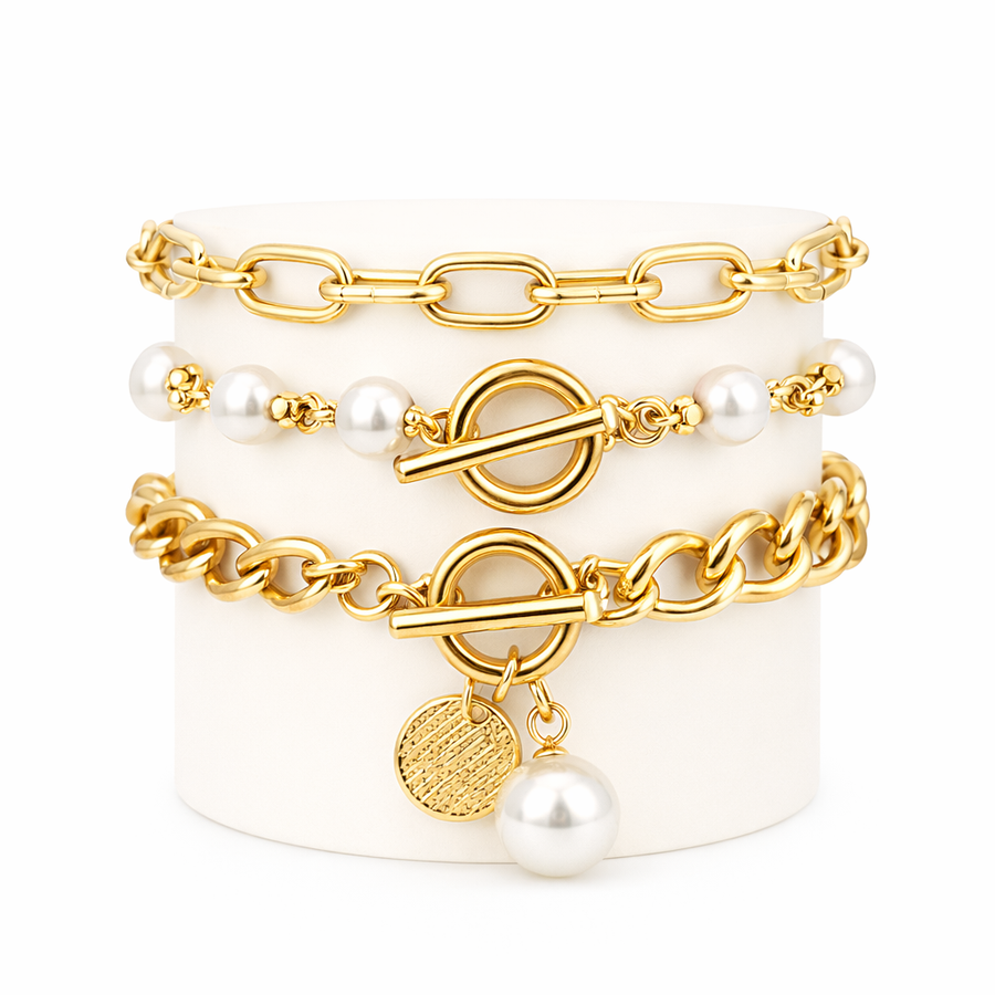 Set Chic de 4 Piezas de Pulseras de Serpiente, Perla y Eslabón