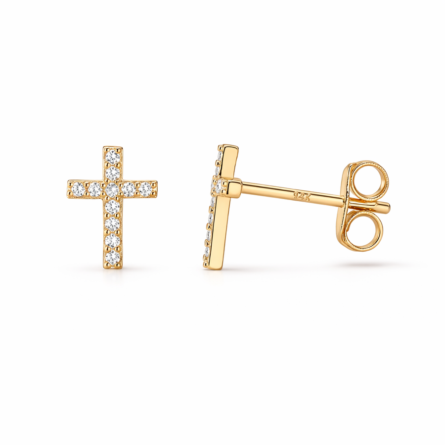 Aretes de Botón de Cruz Pavé