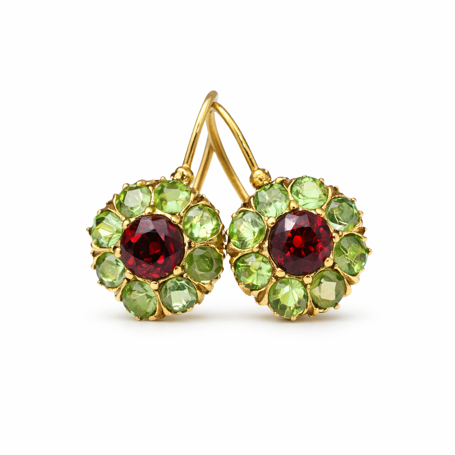 Aretes de Cristal Redondo Verde y Rojo Vintage