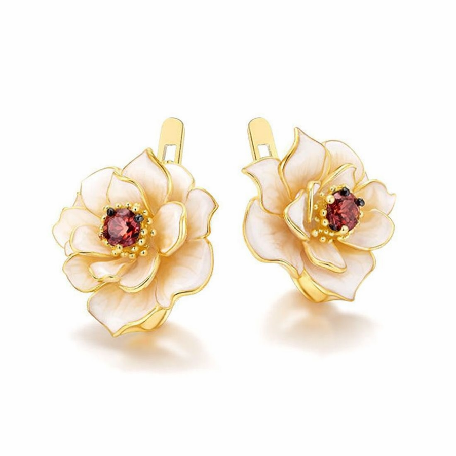 Aretes de Zirconia Roja y Flor Blanca