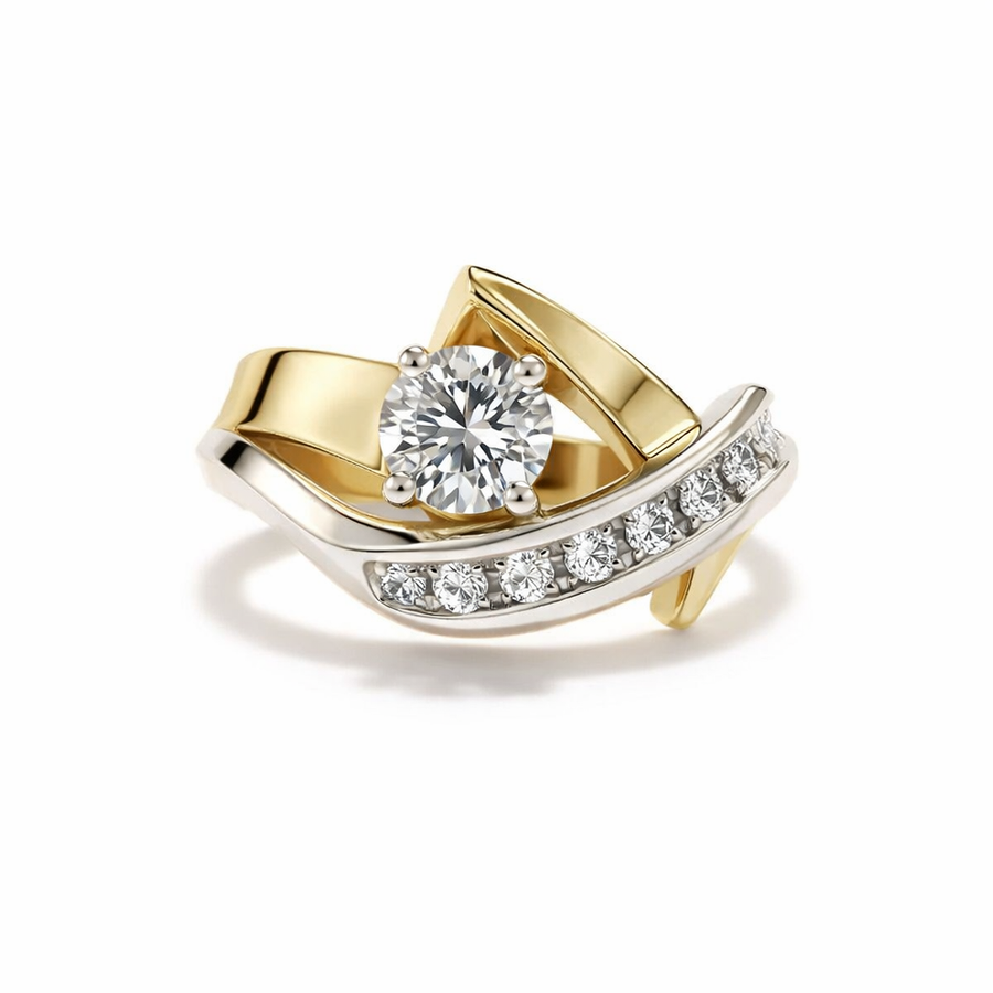Anillo de Zirconia Irregular en Oro y Plata Estilo Antiguo