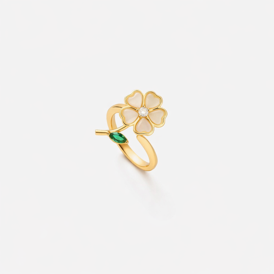 Anillo Giratorio de Flor y Hoja de Esmeralda