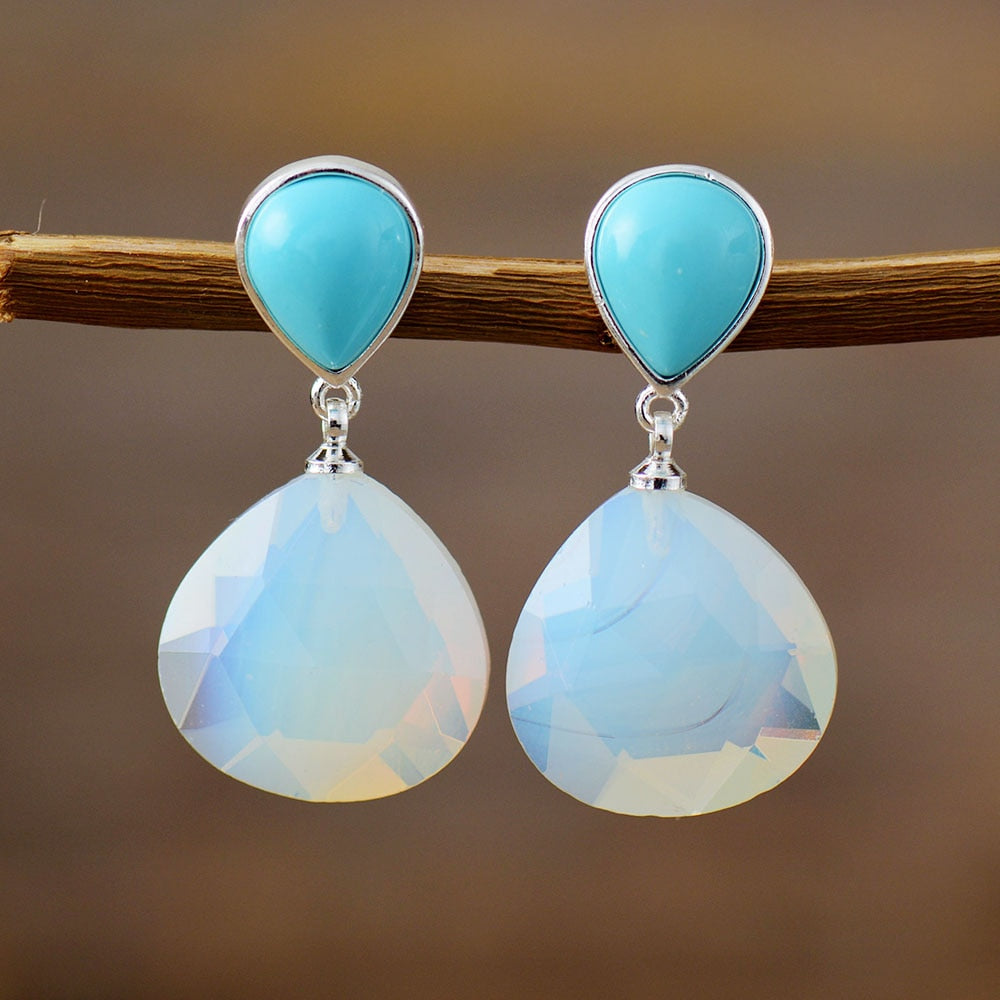 Aretes de Botón Colgantes de Ópalo en Gota de Agua