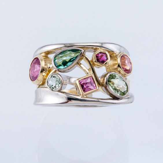 Anillo Vintage de Vidrio Colorido en Oro & Plata