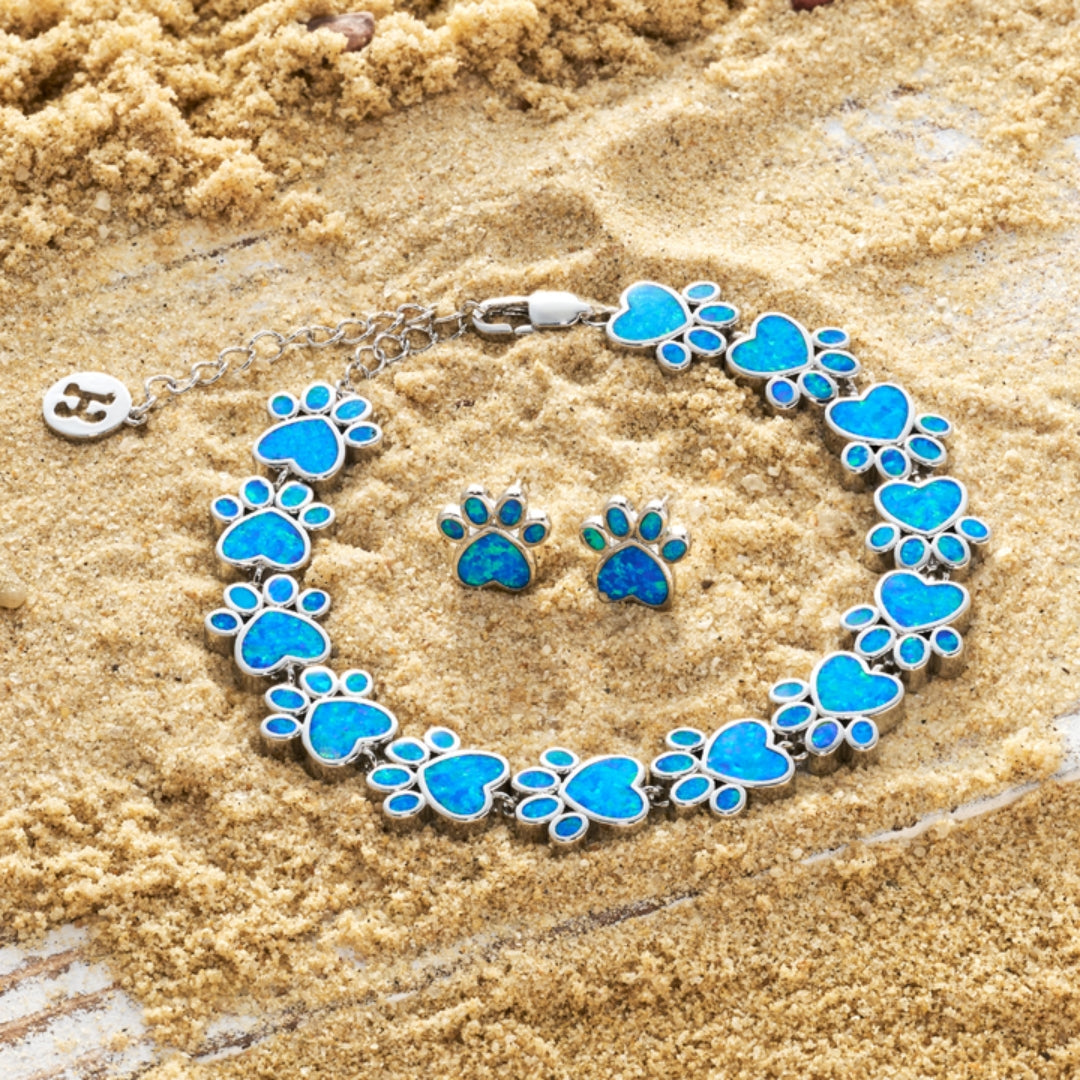 Set de Pulsera + Aretes Pata Oceánica en Ópalo Azul y Plata | Joyería Sostenible Inspirada en el Océano