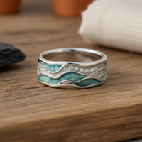 Anillo Plateado de Olas Turquesa