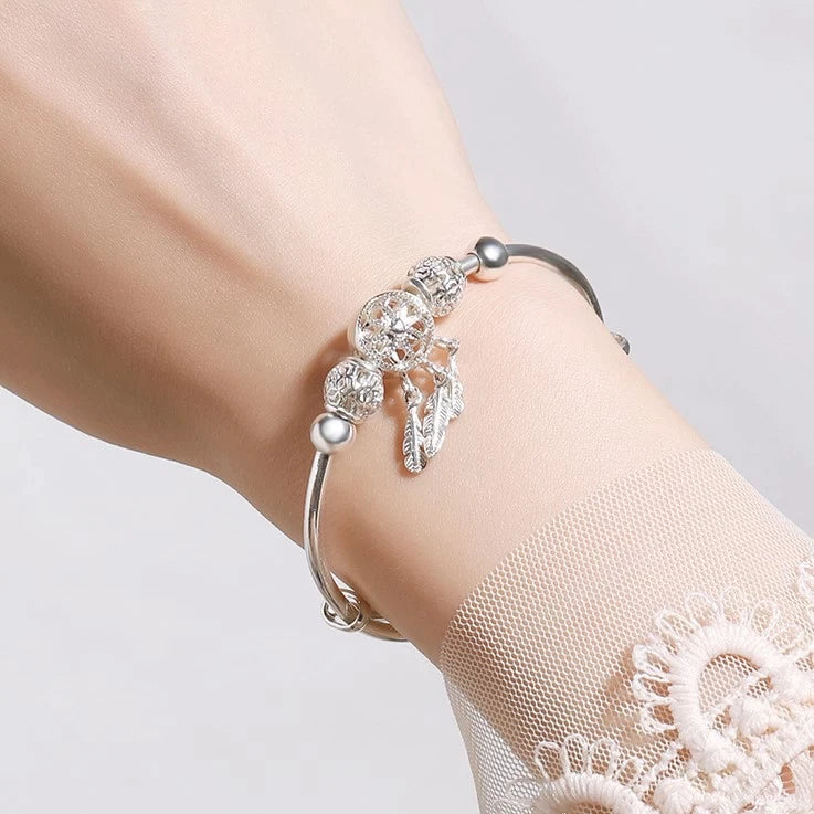 Pulsera Ajustable de Plata Esterlina 925 con Charms de Hoja Triple