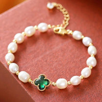 Pulsera de Trébol de Esmeralda con Esmeralda y Perlas en Oro