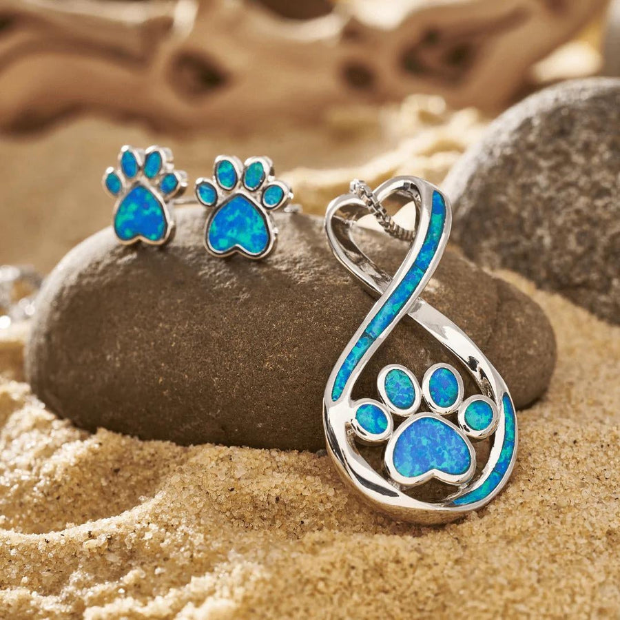 Set de Collar + Aretes de Pata Oceánica en Ópalo Azul y Plata | Joyería Sostenible Inspirada en el Océano