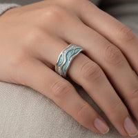 Anillo Plateado de Olas Turquesa