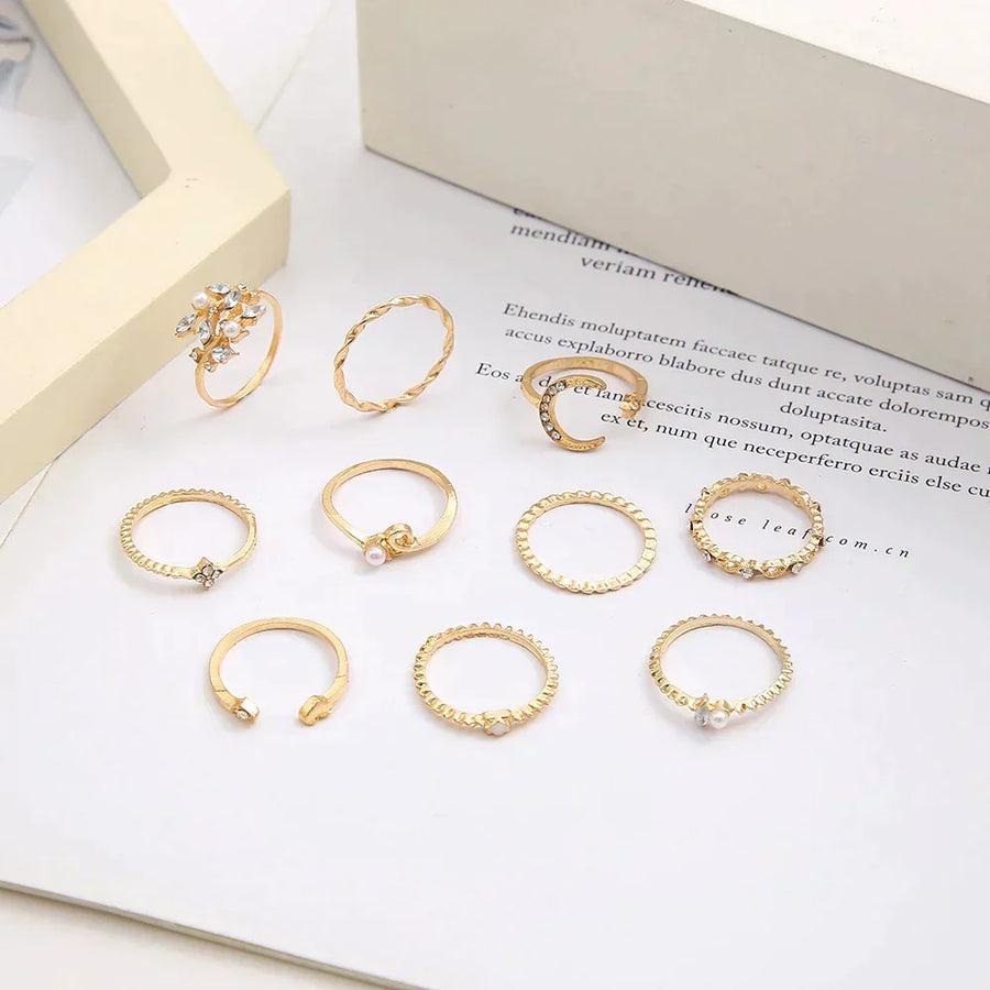 Set de 10 Anillos Boho en Plata y Bañados en Oro