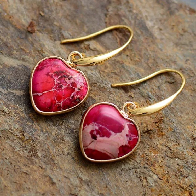 Aretes Colgantes de Corazón de Jaspe Rojo