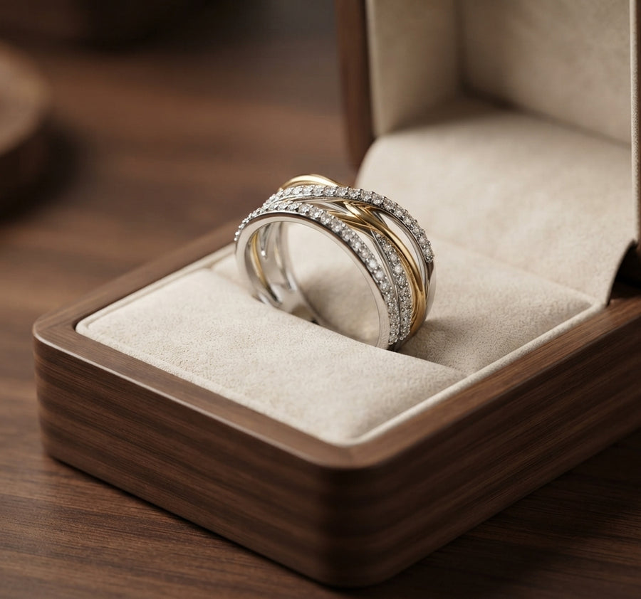 Anillo Resplandor de Zirconia en Plata y Oro