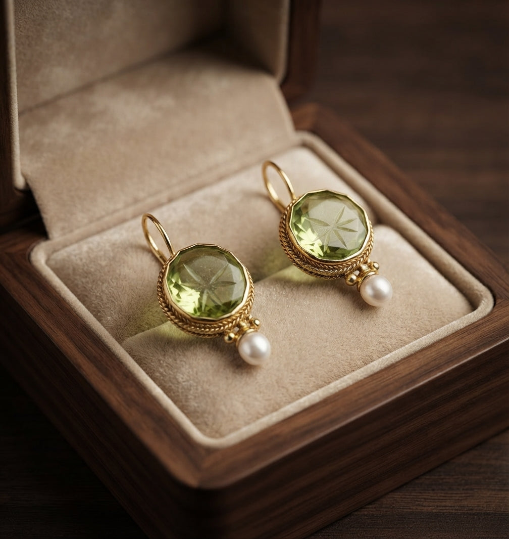 Aretes de Perla y Piedra Verde Redonda Estilo Antiguo