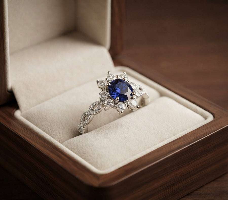 Anillo de Flor de Zafiro y Cristal