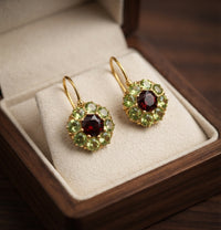 Aretes de Cristal Redondo Verde y Rojo Vintage