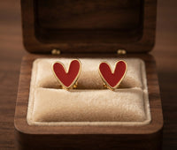 Aretes de Corazón Rojo Dorados Estilo Antiguo