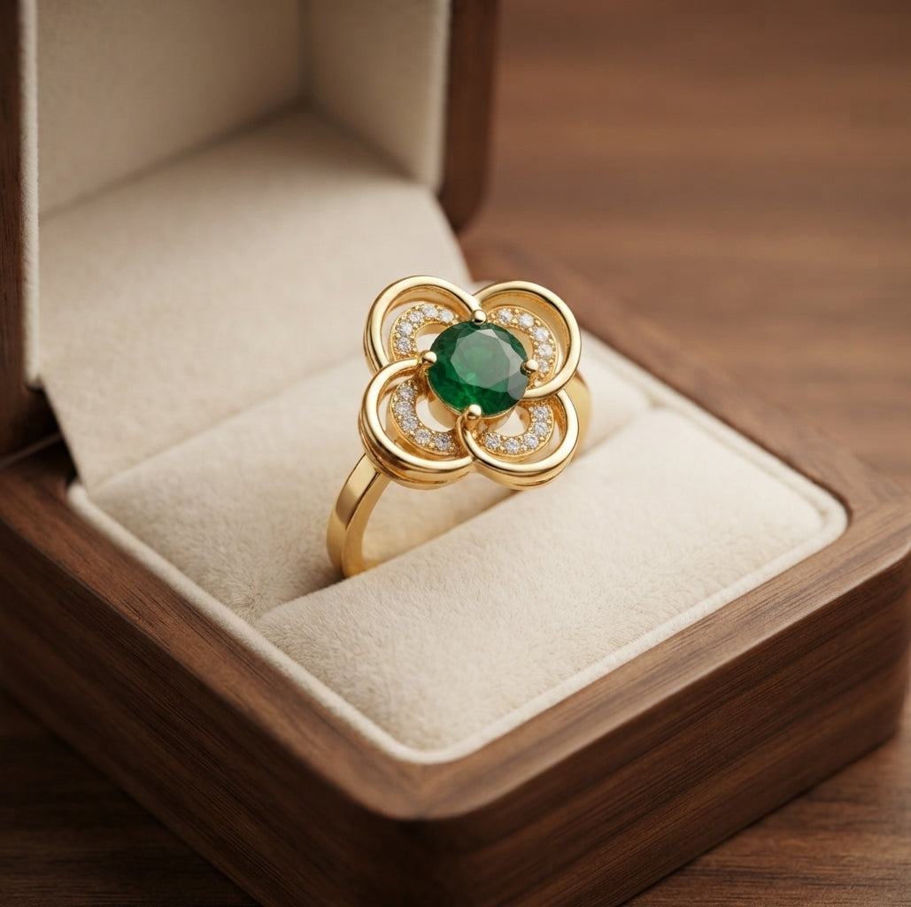 Anillo Giratorio Halo de Trébol de Esmeralda