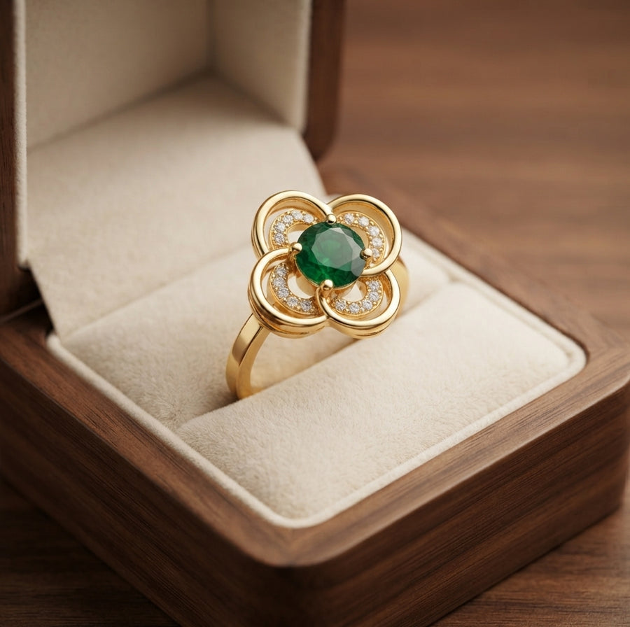 Anillo Giratorio Halo de Trébol de Esmeralda