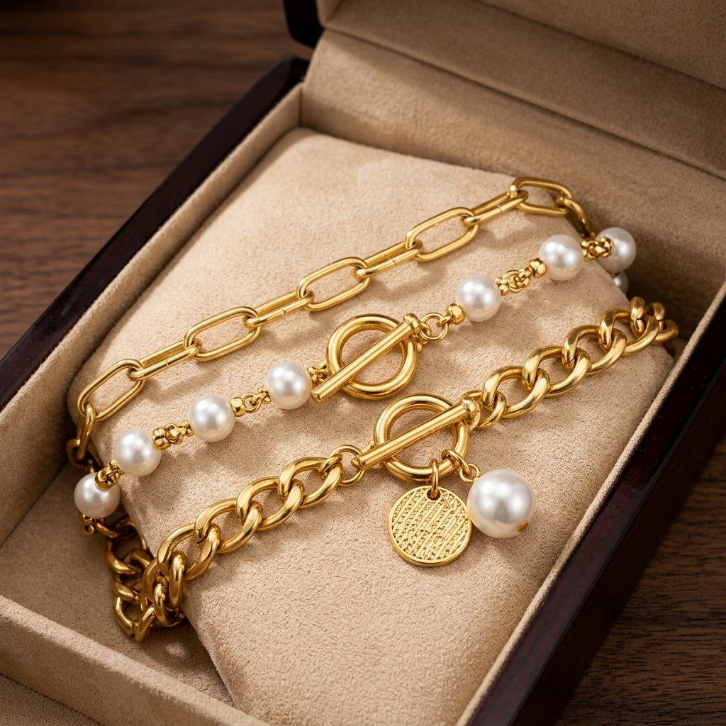 Set Chic de 4 Piezas de Pulseras de Serpiente, Perla y Eslabón