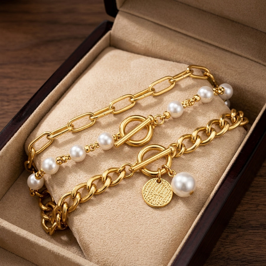 Set Chic de 4 Piezas de Pulseras de Serpiente, Perla y Eslabón