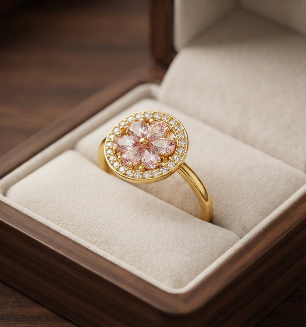 Anillo Giratorio de Corazón Rosa Floreciente