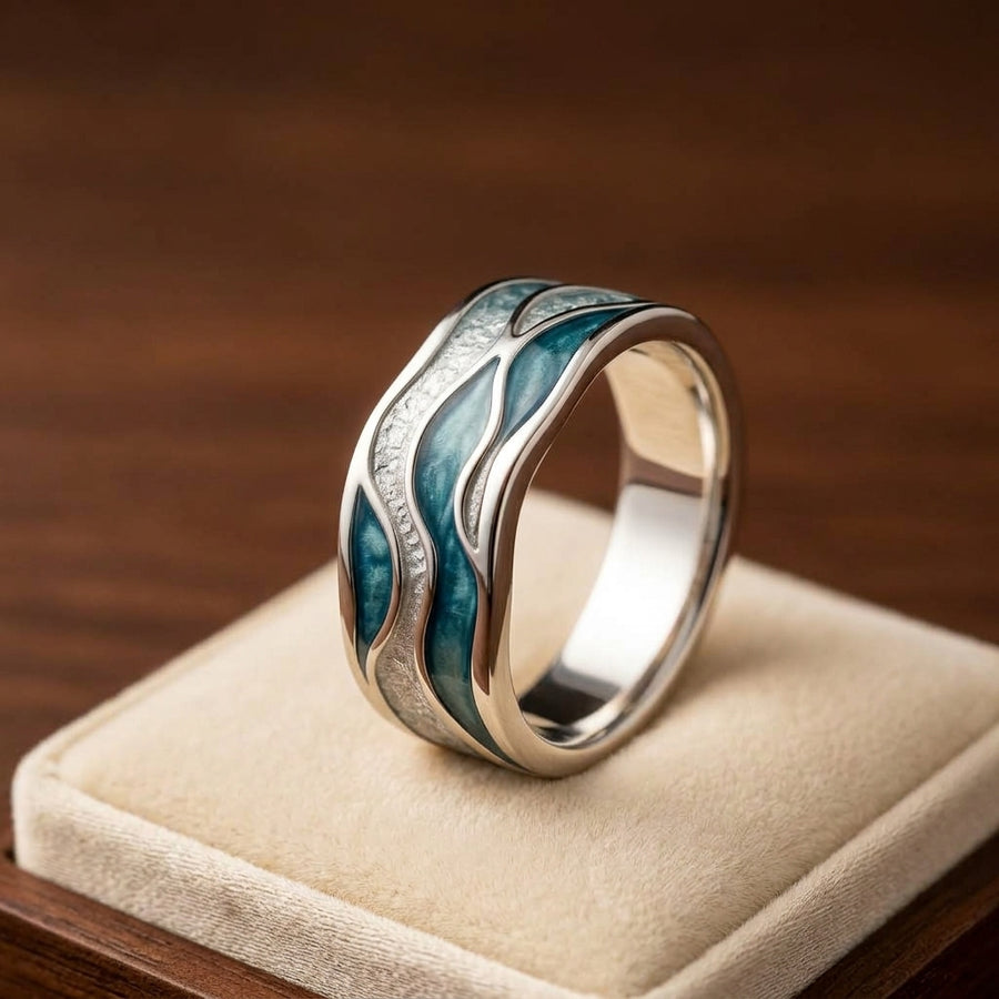 Anillo Plateado de Olas Turquesa