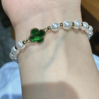 Pulsera de Trébol de Esmeralda con Esmeralda y Perlas en Oro