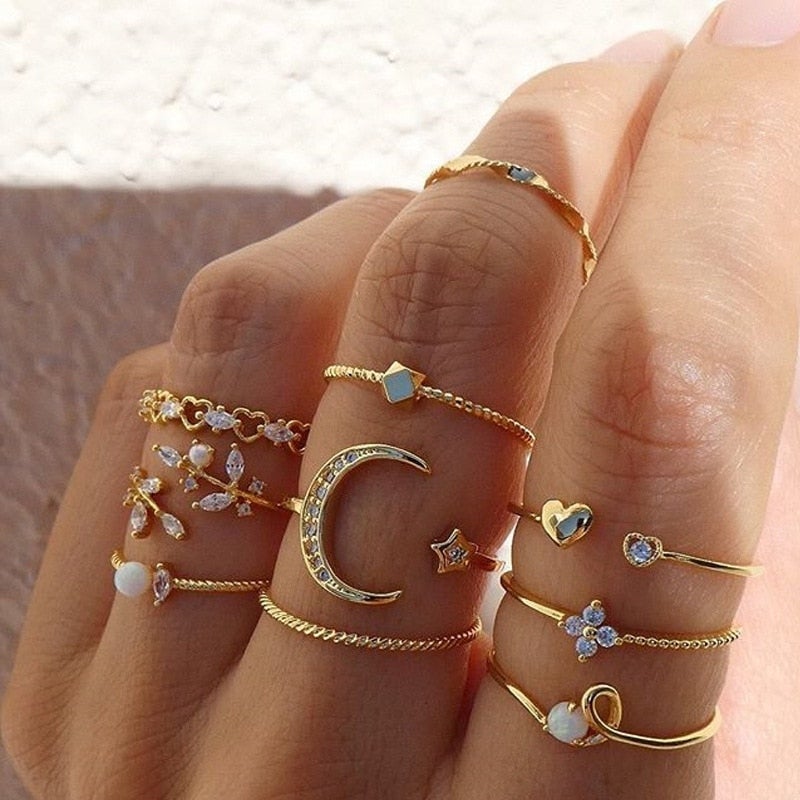 Set de 10 Anillos Boho en Plata y Bañados en Oro