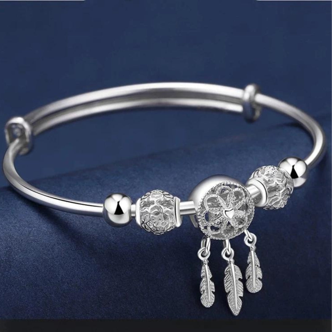 Pulsera Ajustable de Plata Esterlina 925 con Charms de Hoja Triple