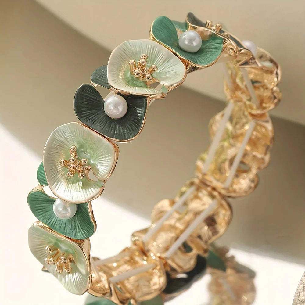 Pulsera Vintage de Perla Floral Verde
