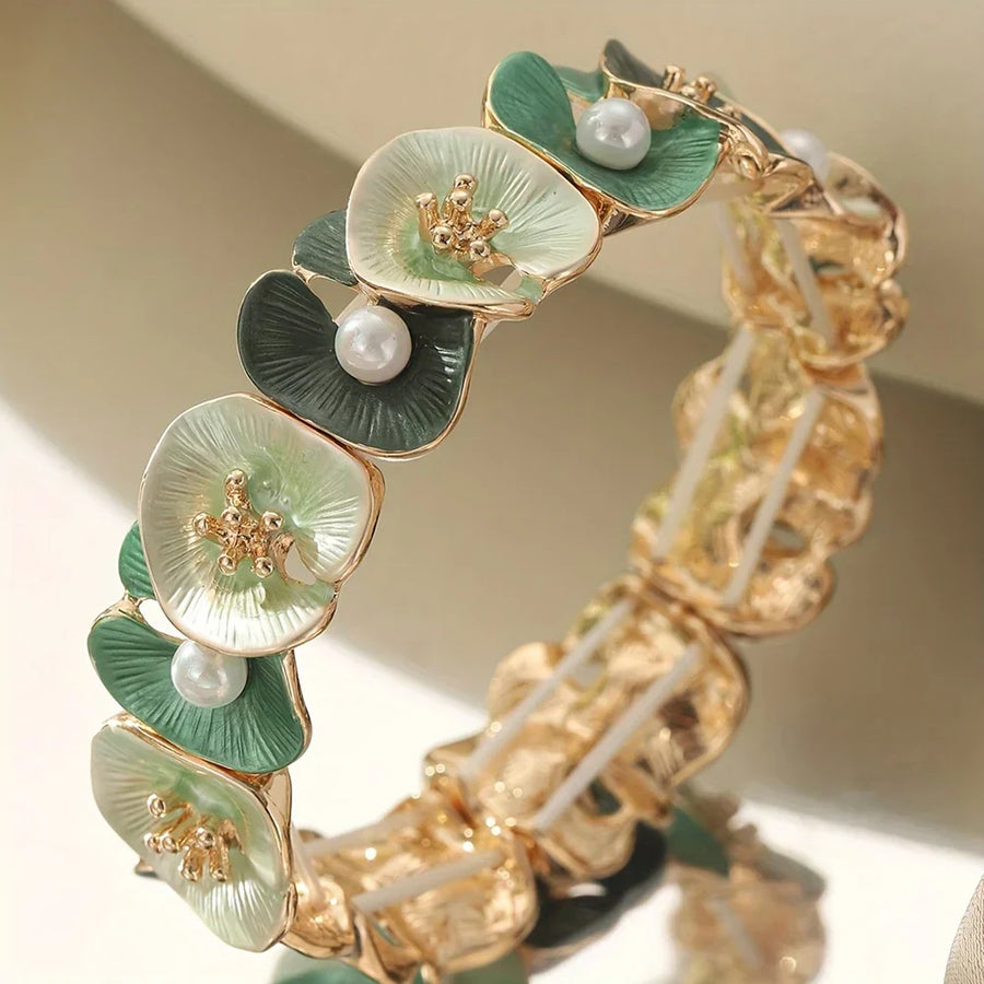 Pulsera Vintage de Perla Floral Verde