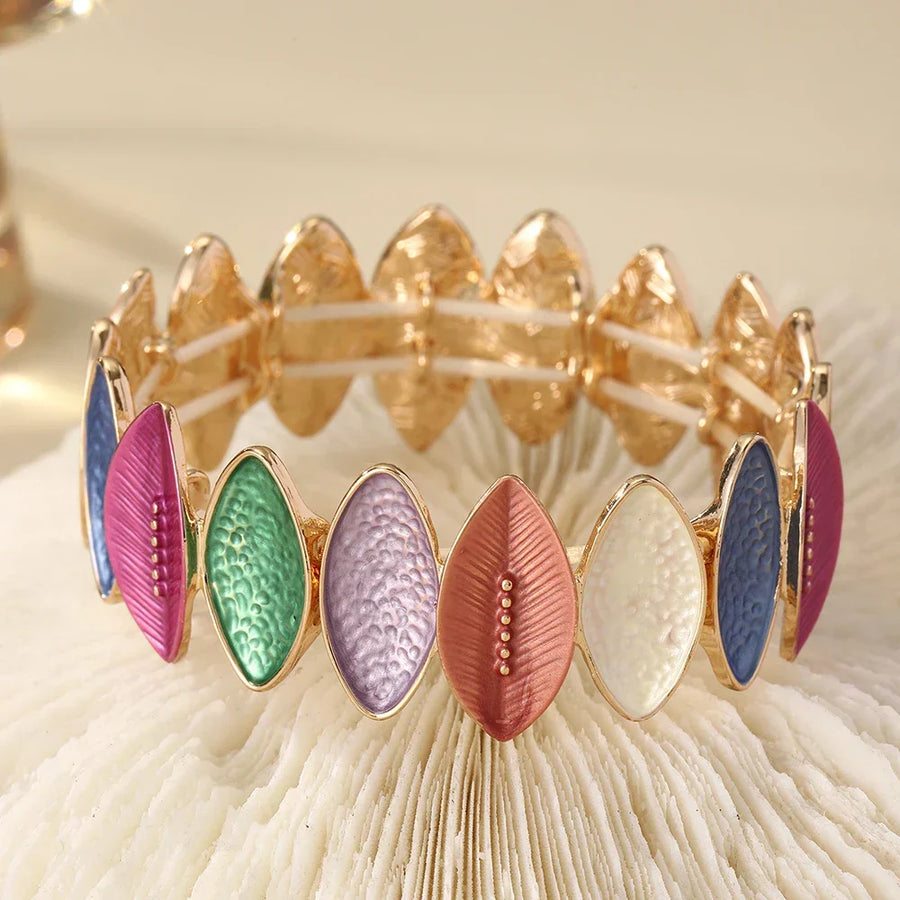 Pulsera Vintage de Hoja Colorida en Oro
