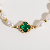 Pulsera de Trébol de Esmeralda con Esmeralda y Perlas en Oro