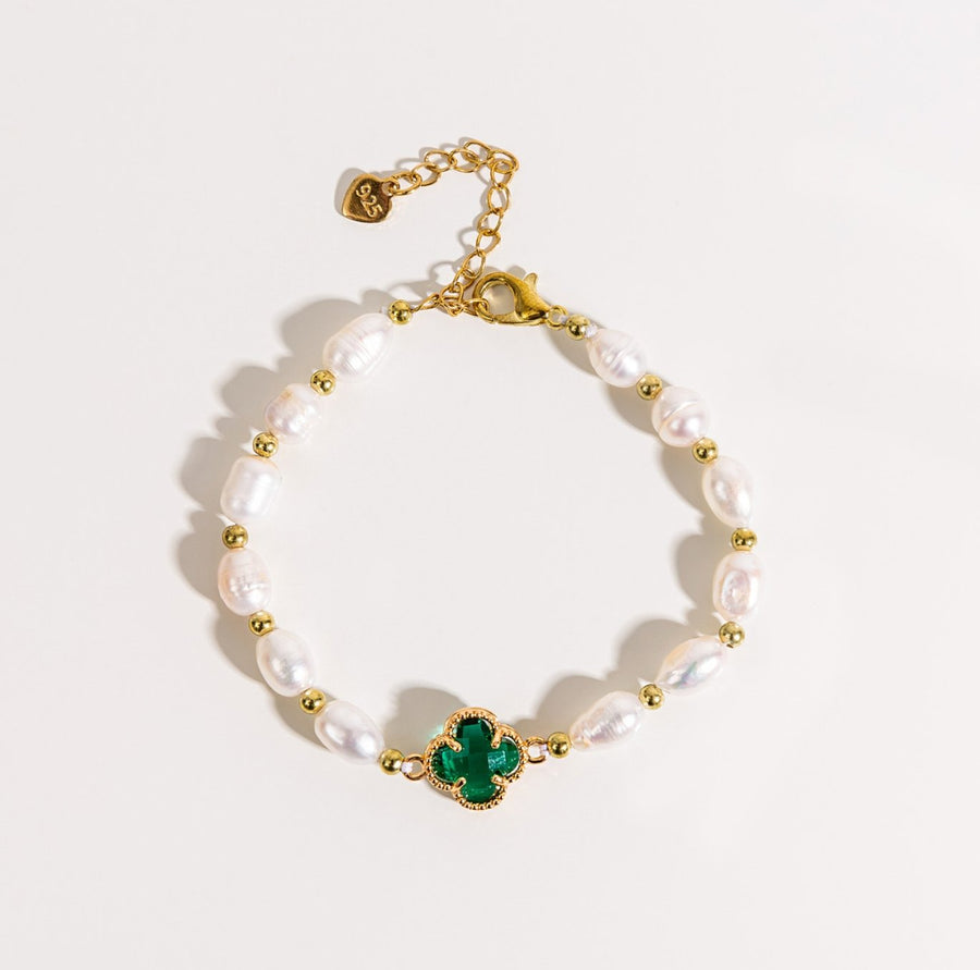 Pulsera de Trébol de Esmeralda con Esmeralda y Perlas en Oro
