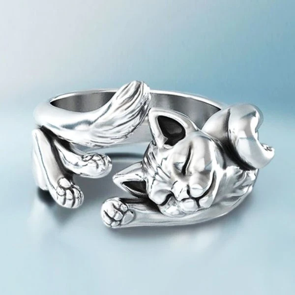 Anillo Vintage Ajustable de Gatito en Plata