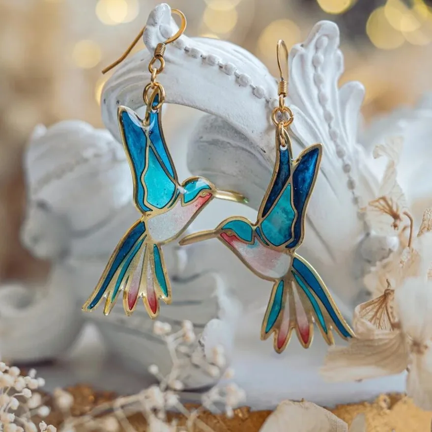 Aretes Vintage de Colibrí de Esmalte Azul