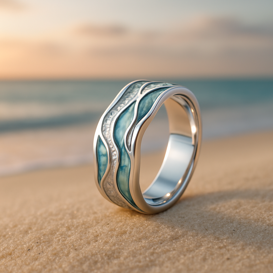 Anillo Plateado de Olas Turquesa