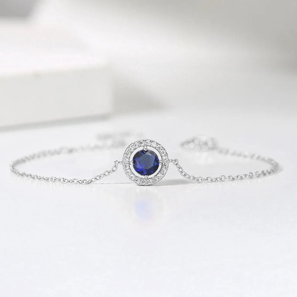 Pulsera Vintage de Cristal Azul & Borde Pavé en Plata