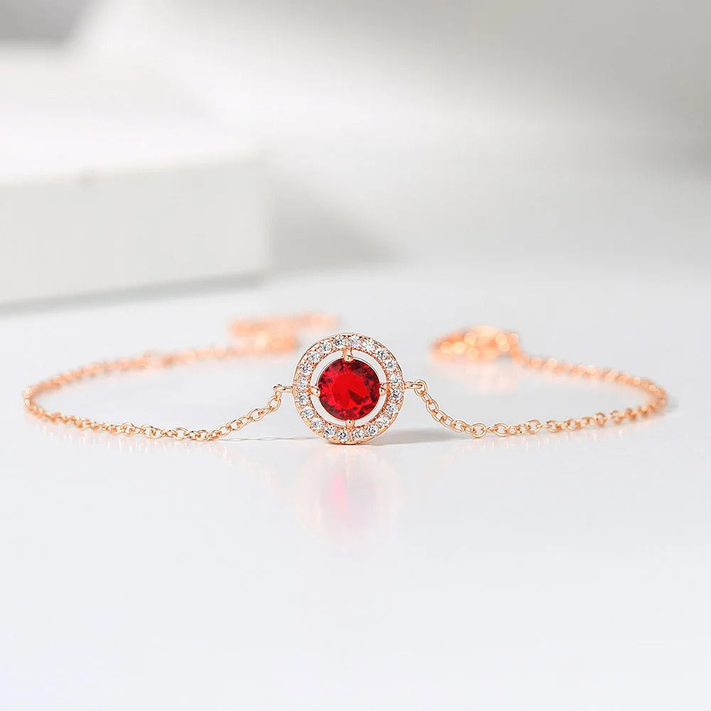 Pulsera Clásica de Gema Roja Redonda & Cristal en Oro Rosa