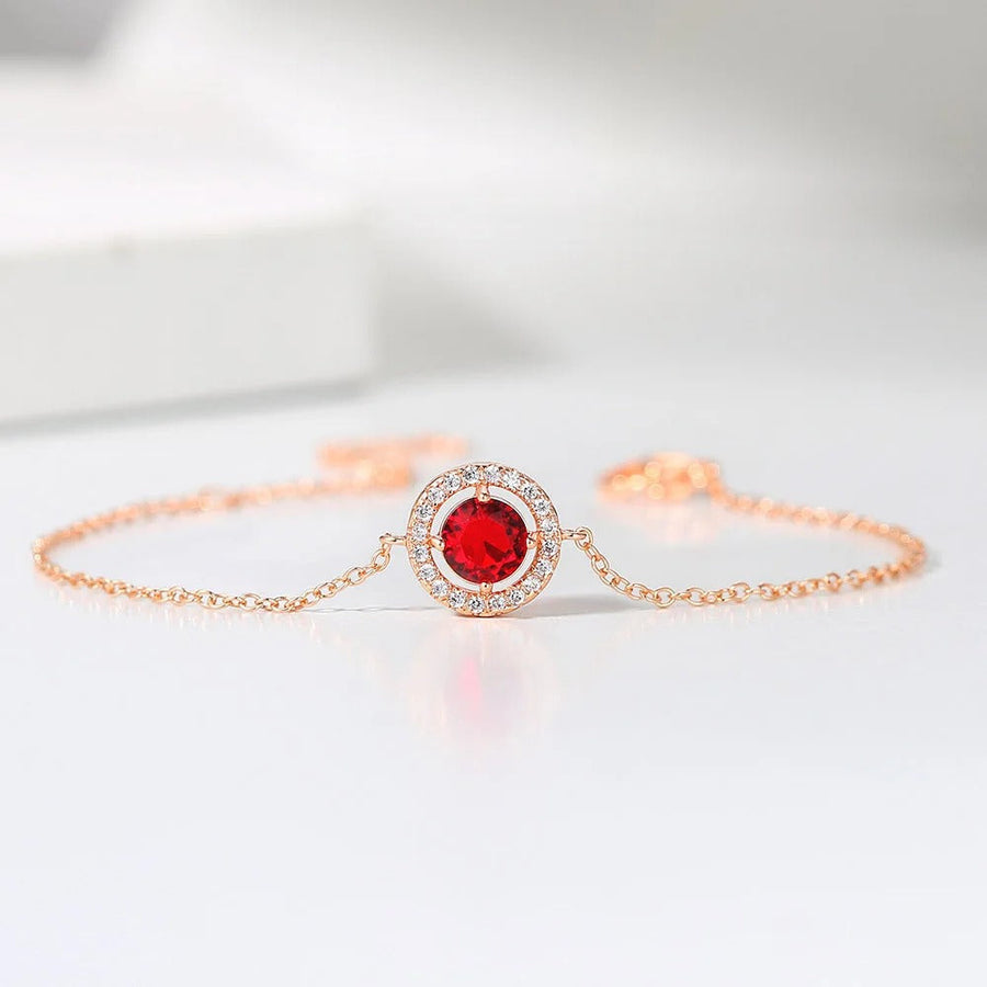 Pulsera Clásica de Gema Roja Redonda & Cristal en Oro Rosa
