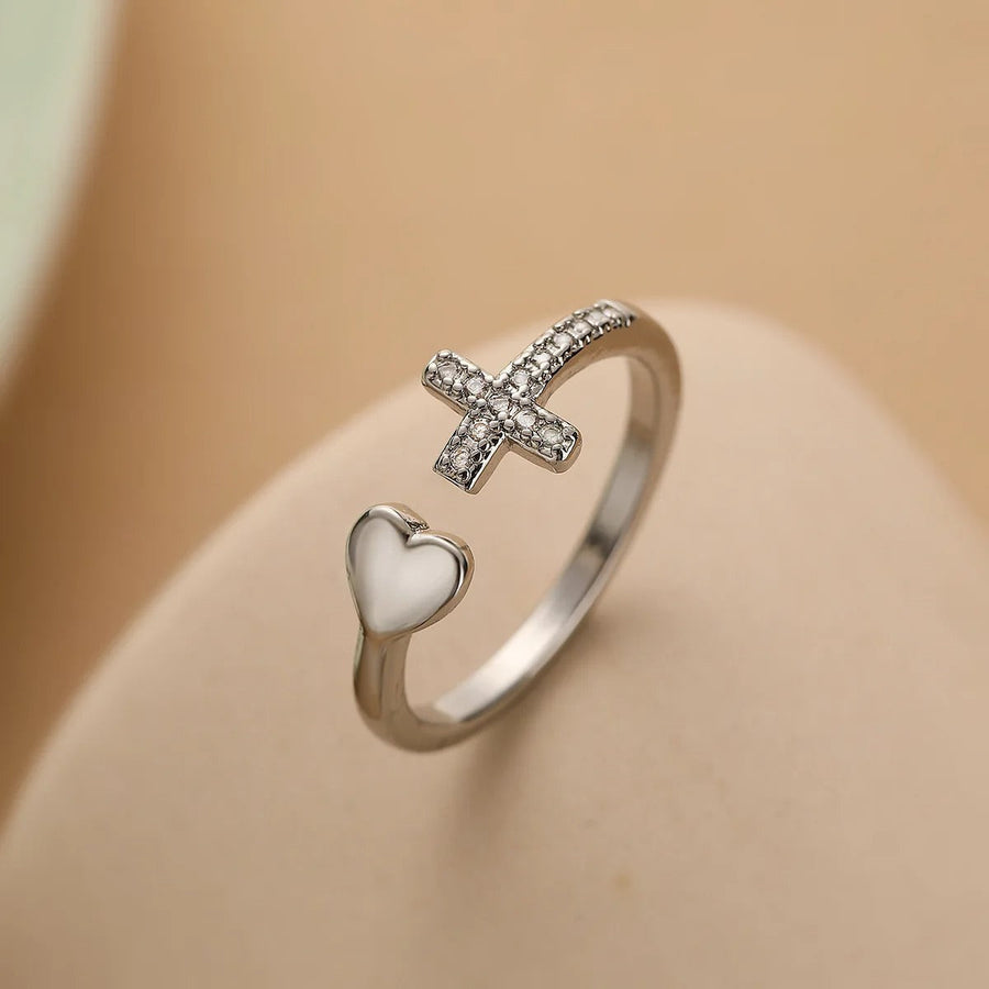 Anillo Vintage Ajustable de Cruz de Amor en Plata
