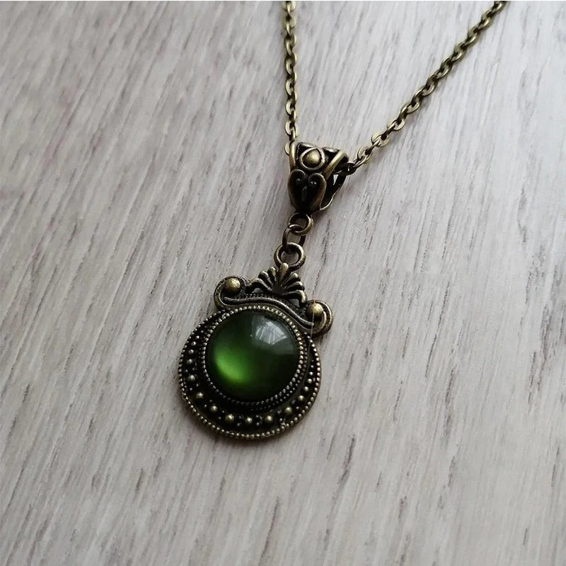 Collar Vintage Boho de Dije de Vidrio Verde