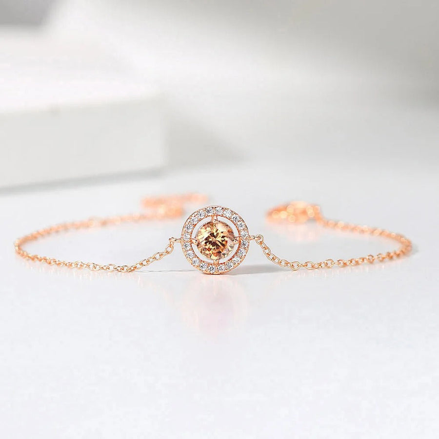 Pulsera Clásica de Gema Naranja Redonda & Borde Chispeante en Oro Rosa