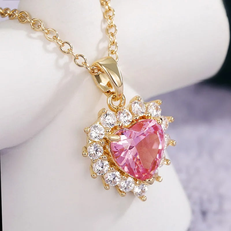 Collar de Corazón de Oro & Cristal Rosa Vintage