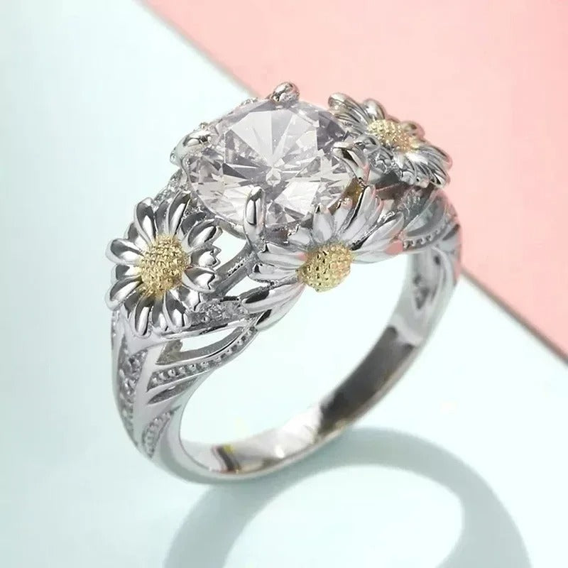 Anillo Vintage de Girasol Amarillo & Plata