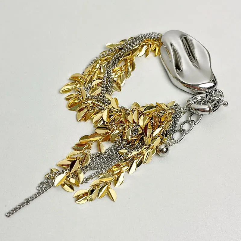 Pulsera Ajustable Vintage de Charm de Hoja en Oro & Plata