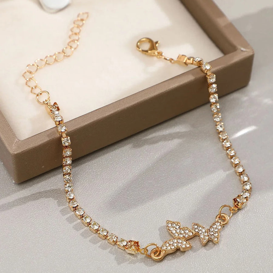 Pulsera Clásica de Eslabón de Mariposa con Cristales Incrustados en Oro