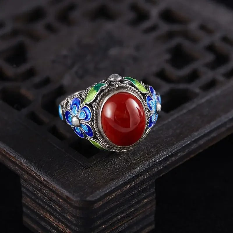 Anillo Ajustable Vintage con Incrustaciones de Turmalina Roja del Sur en Plata