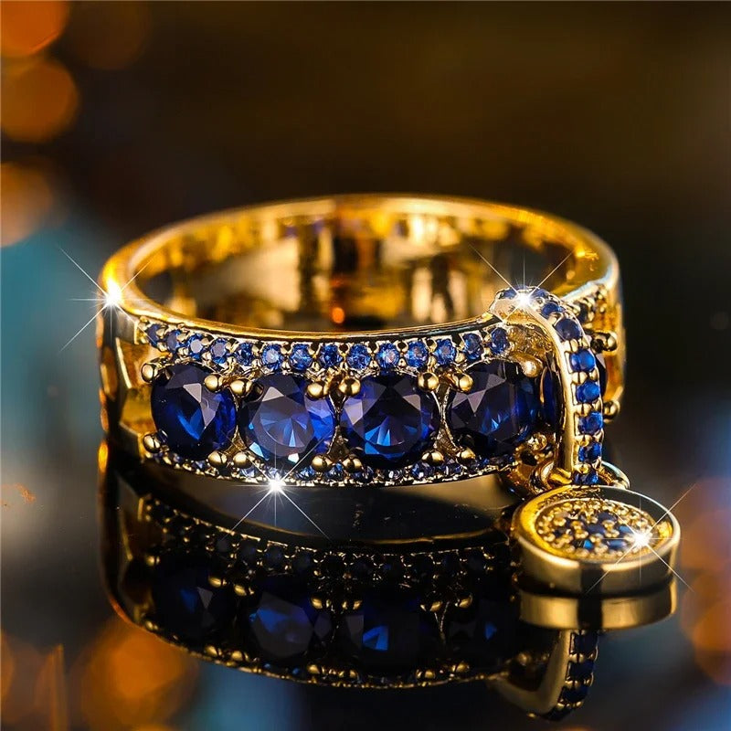 Anillo Statement de Oro Estilo Antiguo & Cristal Azul